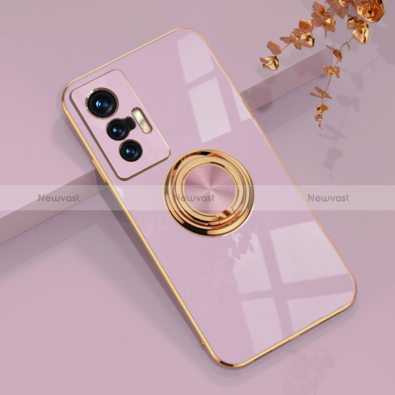 Ultra-thin Silicone Gel Soft Case Cover with Magnetic Finger Ring Stand AN1 for Vivo X70t Clove Purple