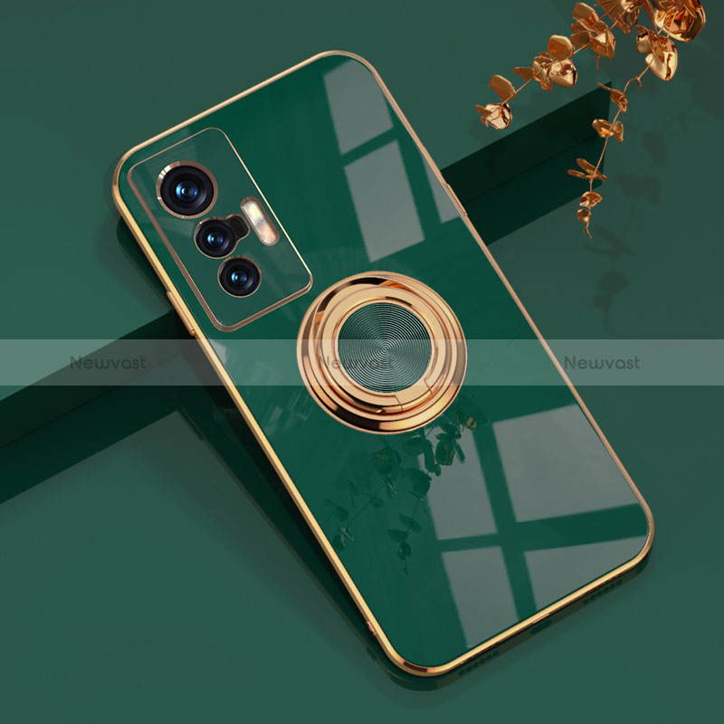 Ultra-thin Silicone Gel Soft Case Cover with Magnetic Finger Ring Stand AN1 for Vivo X70t Green