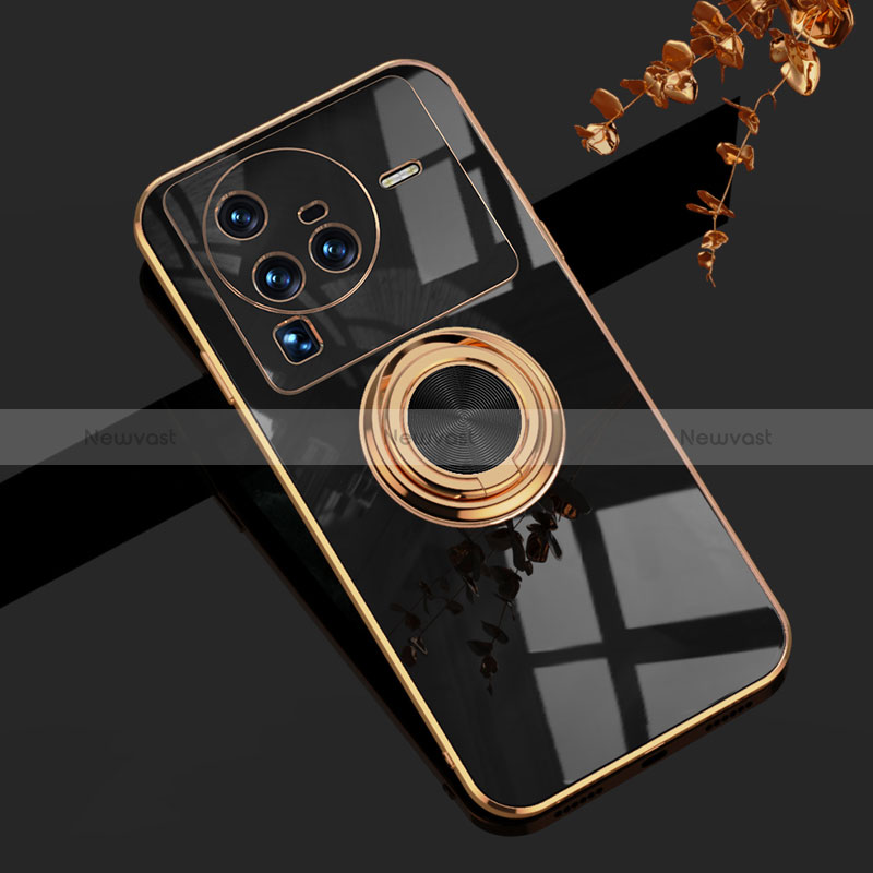 Ultra-thin Silicone Gel Soft Case Cover with Magnetic Finger Ring Stand AN1 for Vivo X80 Pro 5G Black