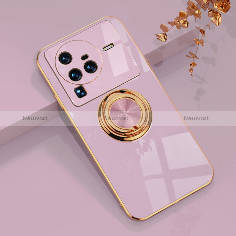 Ultra-thin Silicone Gel Soft Case Cover with Magnetic Finger Ring Stand AN1 for Vivo X80 Pro 5G Clove Purple