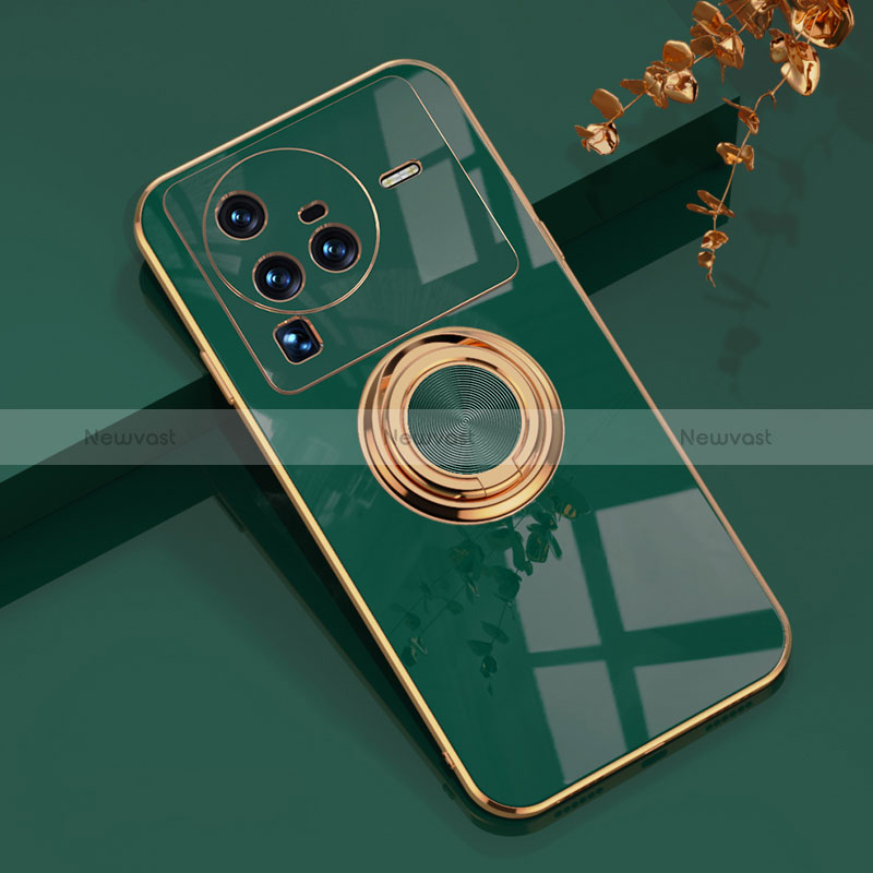 Ultra-thin Silicone Gel Soft Case Cover with Magnetic Finger Ring Stand AN1 for Vivo X80 Pro 5G Green