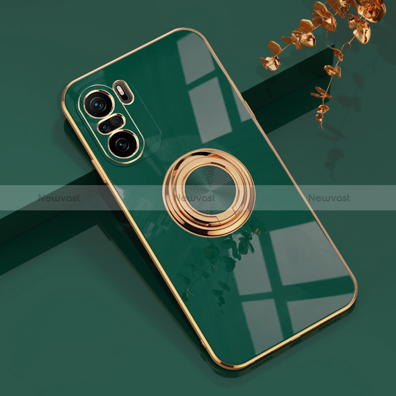 Ultra-thin Silicone Gel Soft Case Cover with Magnetic Finger Ring Stand AN1 for Xiaomi Mi 11X 5G Green