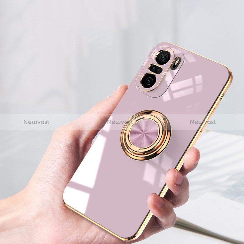 Ultra-thin Silicone Gel Soft Case Cover with Magnetic Finger Ring Stand AN1 for Xiaomi Poco F3 5G