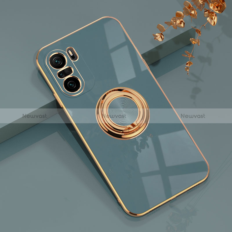 Ultra-thin Silicone Gel Soft Case Cover with Magnetic Finger Ring Stand AN1 for Xiaomi Poco F3 5G