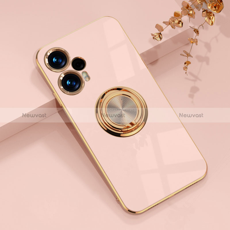 Ultra-thin Silicone Gel Soft Case Cover with Magnetic Finger Ring Stand AN1 for Xiaomi Poco F5 5G Rose Gold