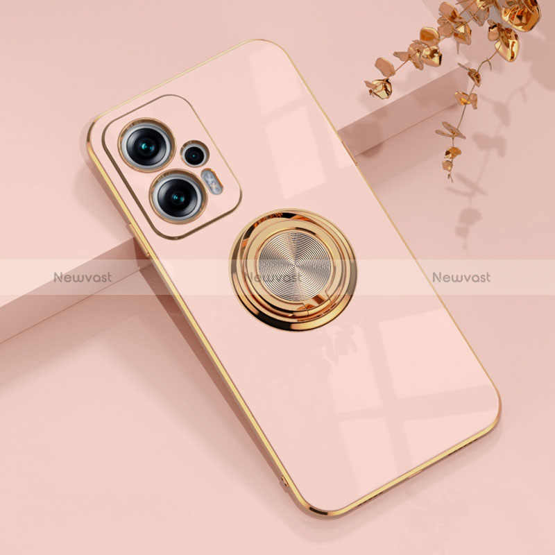 Ultra-thin Silicone Gel Soft Case Cover with Magnetic Finger Ring Stand AN1 for Xiaomi Poco X4 GT 5G Pink