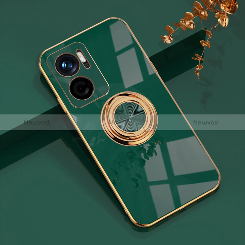 Ultra-thin Silicone Gel Soft Case Cover with Magnetic Finger Ring Stand AN1 for Xiaomi Redmi 10 5G Green