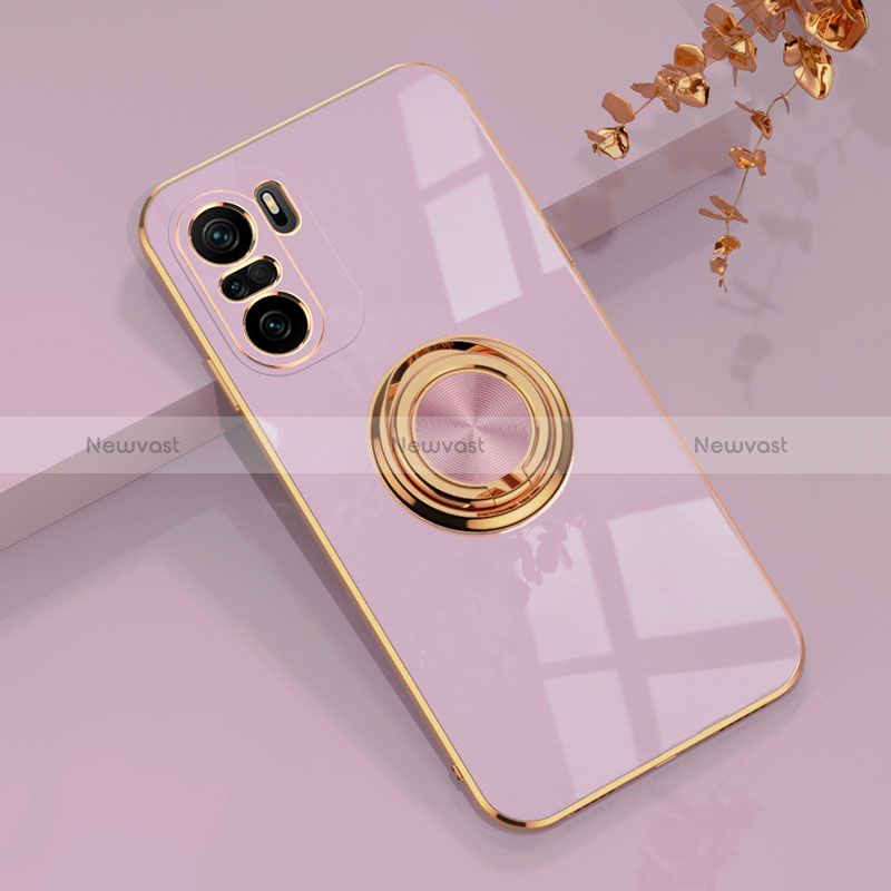 Ultra-thin Silicone Gel Soft Case Cover with Magnetic Finger Ring Stand AN1 for Xiaomi Redmi K40 5G Clove Purple