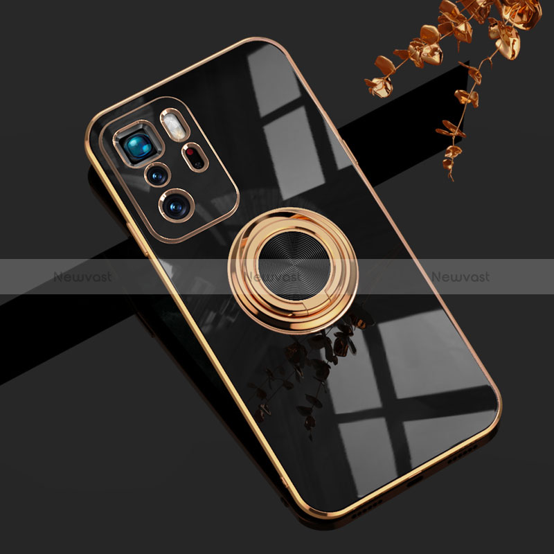 Ultra-thin Silicone Gel Soft Case Cover with Magnetic Finger Ring Stand AN1 for Xiaomi Redmi Note 10 Pro 5G Black