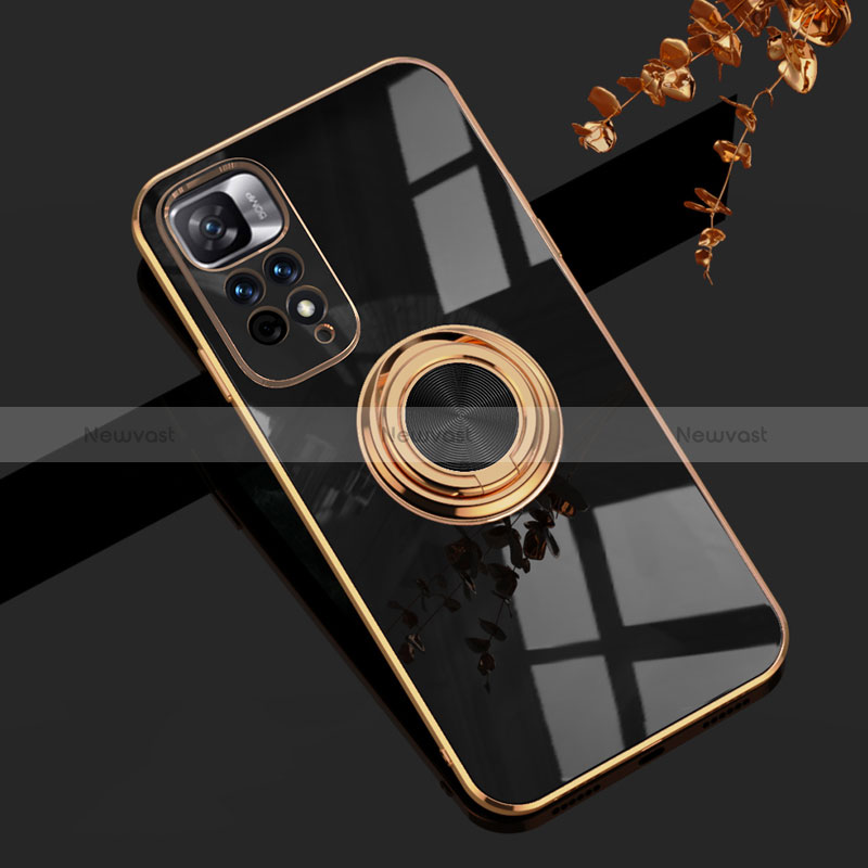 Ultra-thin Silicone Gel Soft Case Cover with Magnetic Finger Ring Stand AN1 for Xiaomi Redmi Note 11 Pro+ Plus 5G Black