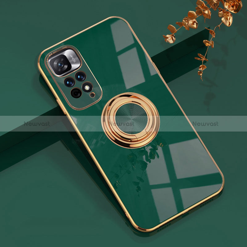 Ultra-thin Silicone Gel Soft Case Cover with Magnetic Finger Ring Stand AN1 for Xiaomi Redmi Note 11 Pro+ Plus 5G Green