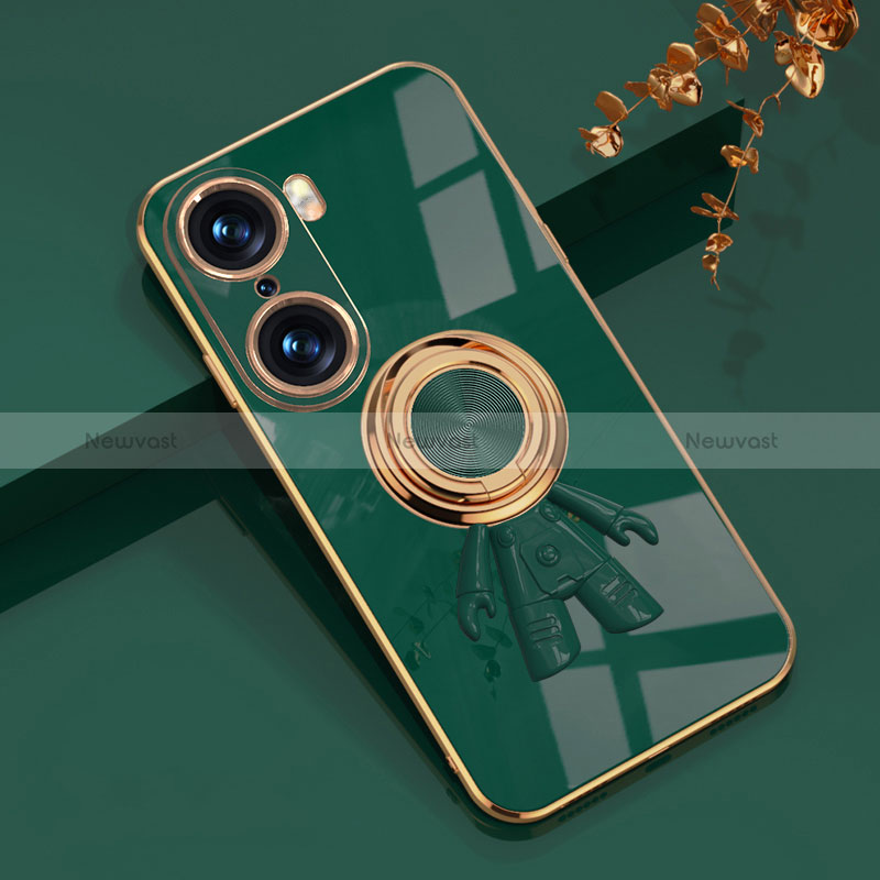 Ultra-thin Silicone Gel Soft Case Cover with Magnetic Finger Ring Stand AN2 for Huawei Honor 60 5G Green