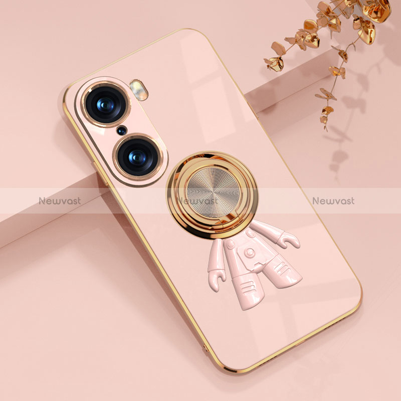 Ultra-thin Silicone Gel Soft Case Cover with Magnetic Finger Ring Stand AN2 for Huawei Honor 60 5G Rose Gold