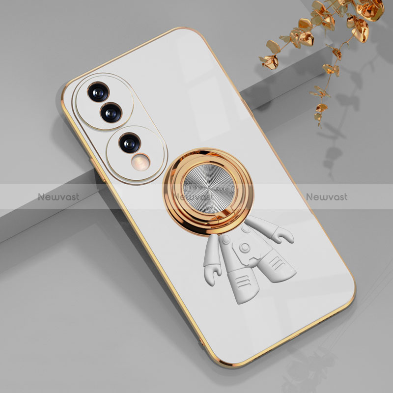 Ultra-thin Silicone Gel Soft Case Cover with Magnetic Finger Ring Stand AN2 for Huawei Honor 70 5G Rose Gold