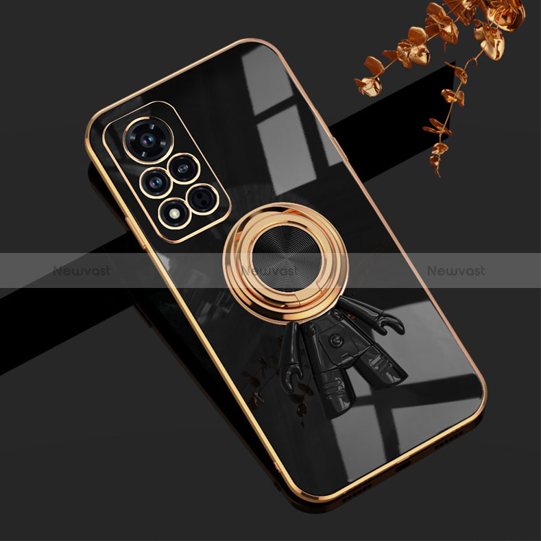 Ultra-thin Silicone Gel Soft Case Cover with Magnetic Finger Ring Stand AN2 for Huawei Honor V40 5G Black