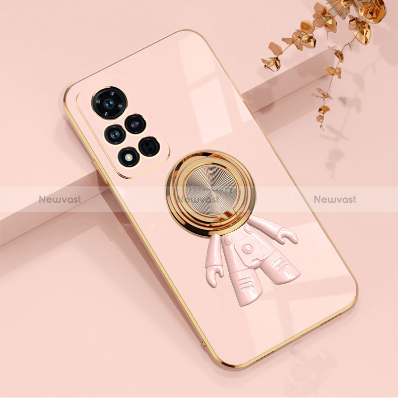 Ultra-thin Silicone Gel Soft Case Cover with Magnetic Finger Ring Stand AN2 for Huawei Honor V40 5G Rose Gold