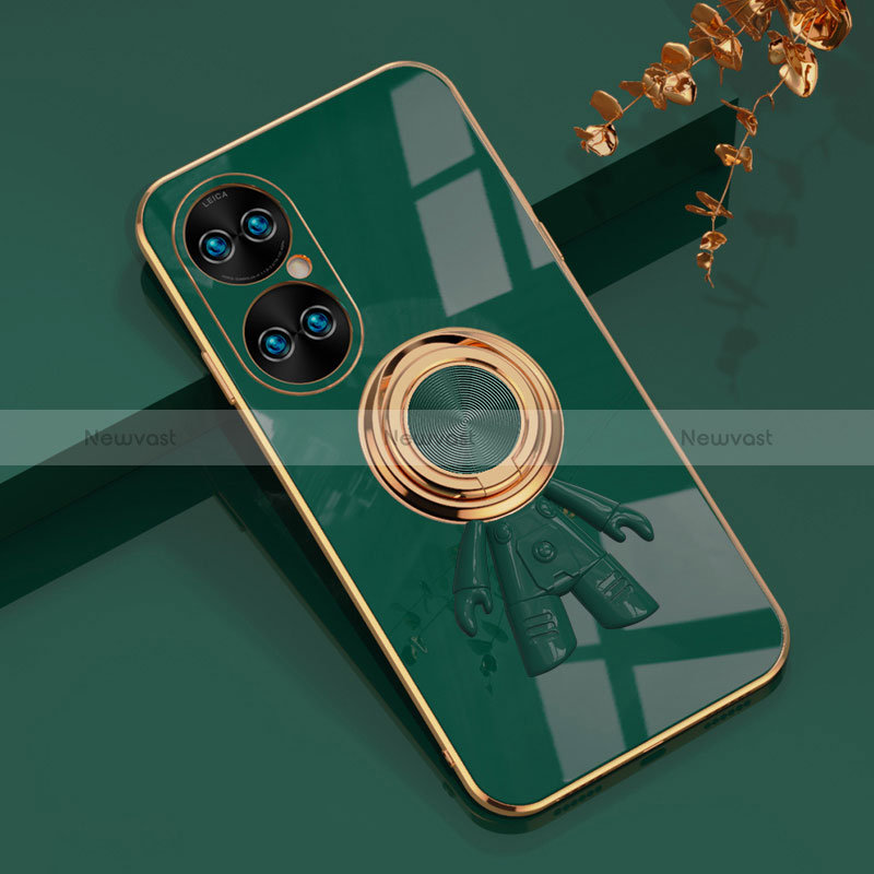 Ultra-thin Silicone Gel Soft Case Cover with Magnetic Finger Ring Stand AN2 for Huawei P50 Green