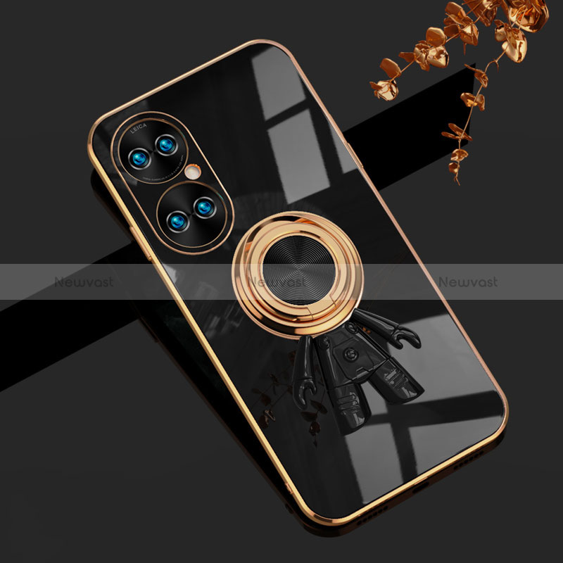 Ultra-thin Silicone Gel Soft Case Cover with Magnetic Finger Ring Stand AN2 for Huawei P50e Black