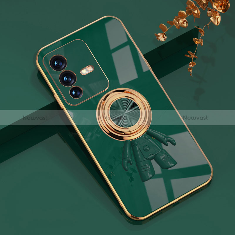 Ultra-thin Silicone Gel Soft Case Cover with Magnetic Finger Ring Stand AN2 for Vivo V23 5G Green