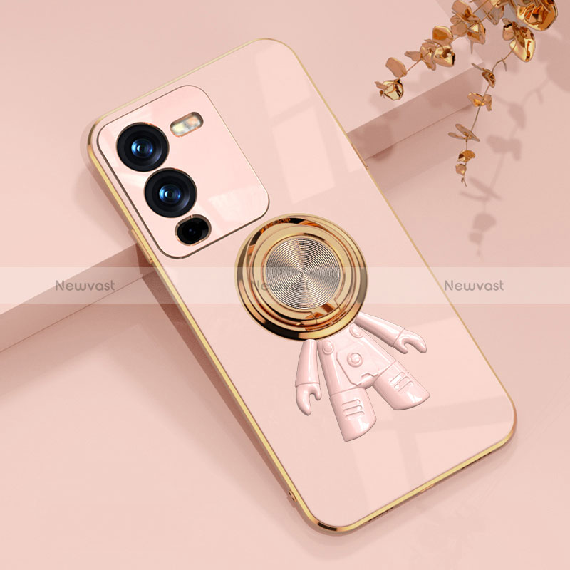 Ultra-thin Silicone Gel Soft Case Cover with Magnetic Finger Ring Stand AN2 for Vivo V25 Pro 5G Pink