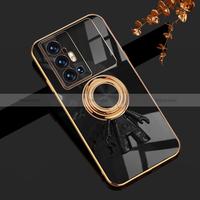 Ultra-thin Silicone Gel Soft Case Cover with Magnetic Finger Ring Stand AN2 for Vivo X70 Pro+ Plus 5G Black