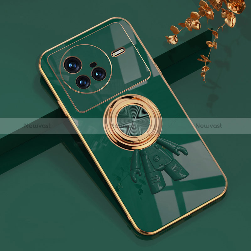 Ultra-thin Silicone Gel Soft Case Cover with Magnetic Finger Ring Stand AN2 for Vivo X80 5G Green