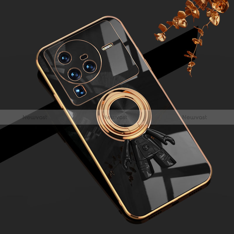 Ultra-thin Silicone Gel Soft Case Cover with Magnetic Finger Ring Stand AN2 for Vivo X80 Pro 5G Black