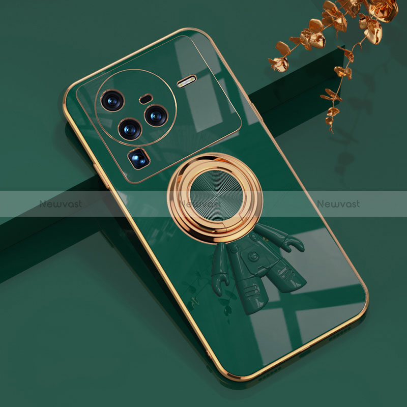 Ultra-thin Silicone Gel Soft Case Cover with Magnetic Finger Ring Stand AN2 for Vivo X80 Pro 5G Green