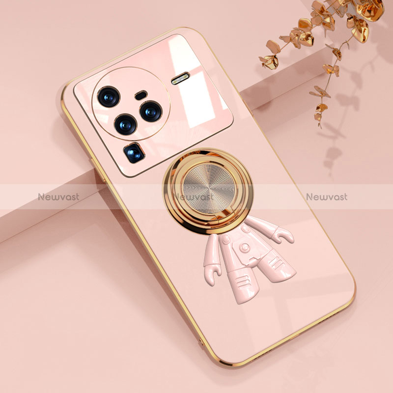 Ultra-thin Silicone Gel Soft Case Cover with Magnetic Finger Ring Stand AN2 for Vivo X80 Pro 5G Pink