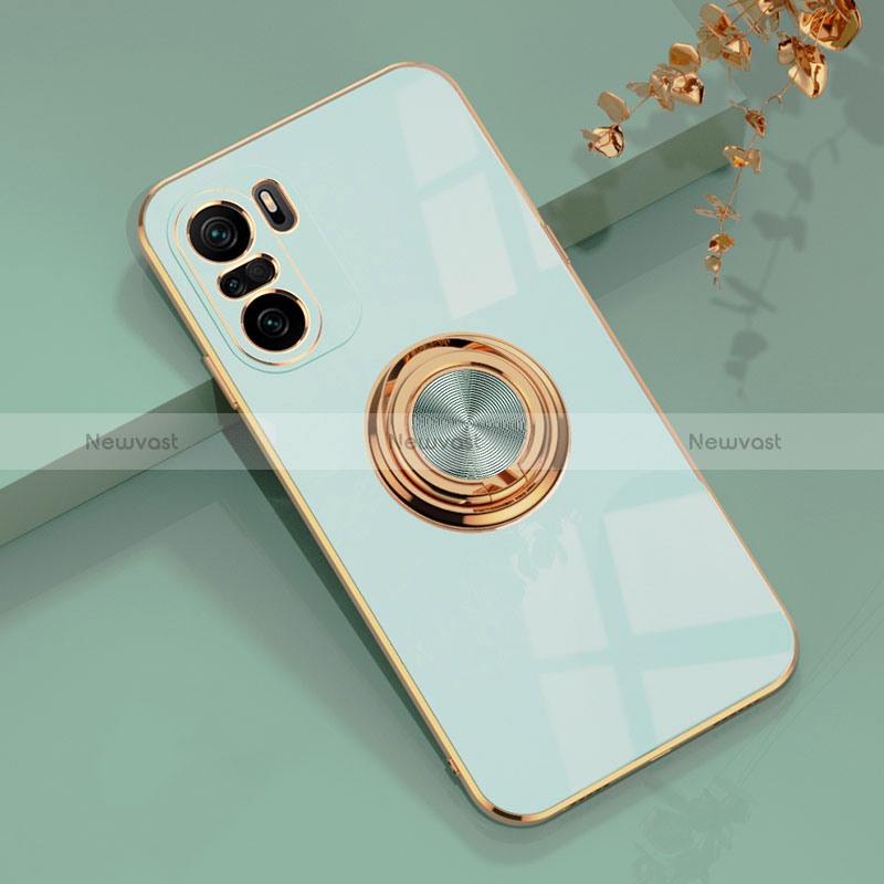 Ultra-thin Silicone Gel Soft Case Cover with Magnetic Finger Ring Stand AN2 for Xiaomi Poco F3 5G