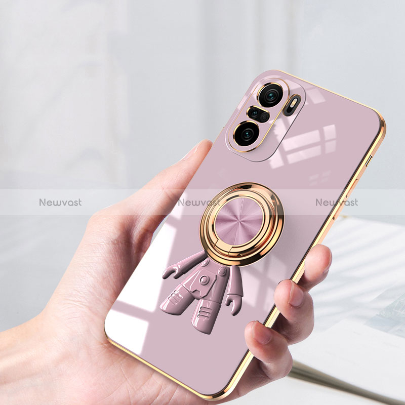 Ultra-thin Silicone Gel Soft Case Cover with Magnetic Finger Ring Stand AN2 for Xiaomi Poco F3 5G