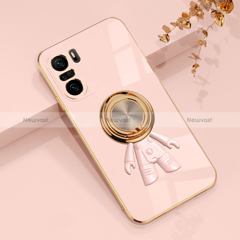 Ultra-thin Silicone Gel Soft Case Cover with Magnetic Finger Ring Stand AN2 for Xiaomi Poco F3 5G Pink