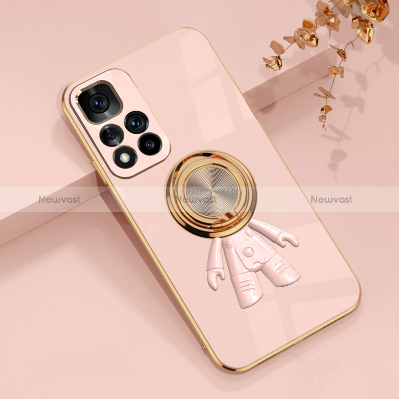 Ultra-thin Silicone Gel Soft Case Cover with Magnetic Finger Ring Stand AN2 for Xiaomi Poco M4 Pro 5G Pink