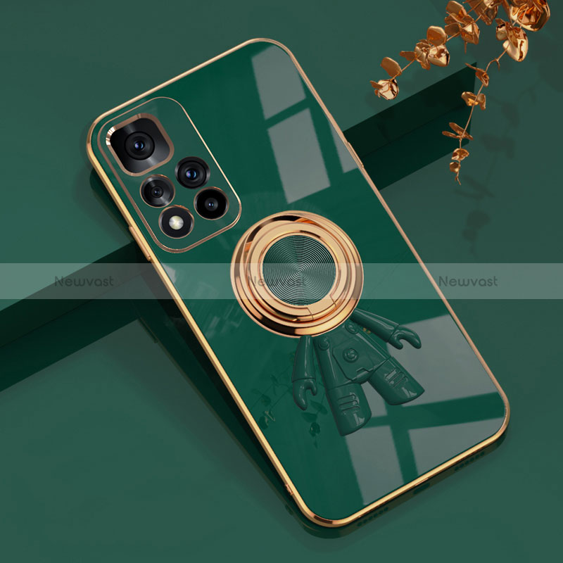 Ultra-thin Silicone Gel Soft Case Cover with Magnetic Finger Ring Stand AN2 for Xiaomi Poco X4 NFC Green