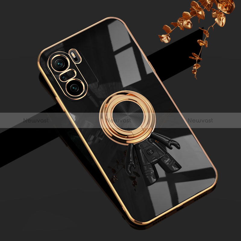 Ultra-thin Silicone Gel Soft Case Cover with Magnetic Finger Ring Stand AN2 for Xiaomi Redmi K40 5G Black