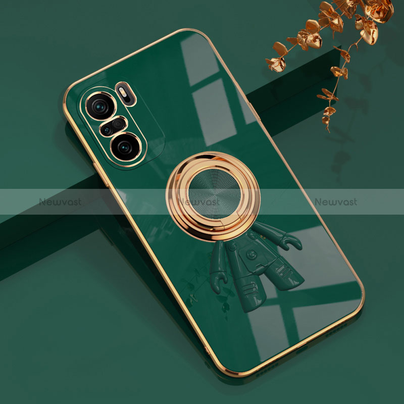 Ultra-thin Silicone Gel Soft Case Cover with Magnetic Finger Ring Stand AN2 for Xiaomi Redmi K40 5G Green