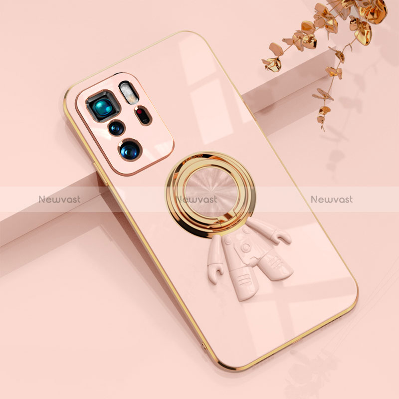 Ultra-thin Silicone Gel Soft Case Cover with Magnetic Finger Ring Stand AN2 for Xiaomi Redmi Note 10 Pro 5G Pink