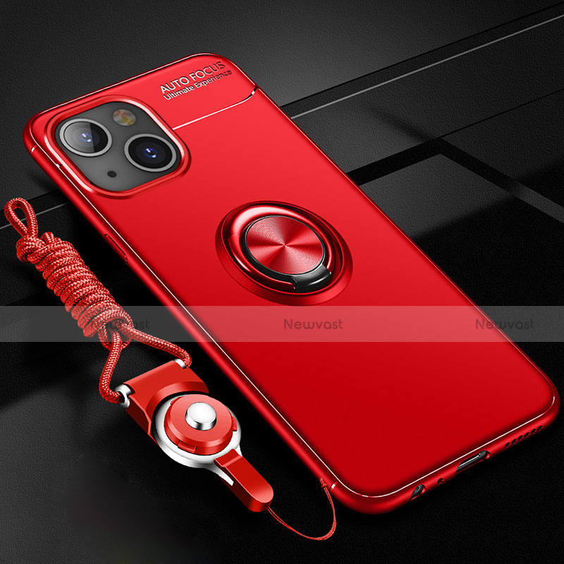 Ultra-thin Silicone Gel Soft Case Cover with Magnetic Finger Ring Stand for Apple iPhone 13 Mini Red