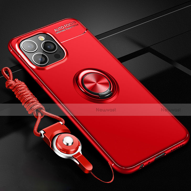 Ultra-thin Silicone Gel Soft Case Cover with Magnetic Finger Ring Stand for Apple iPhone 13 Pro Max Red