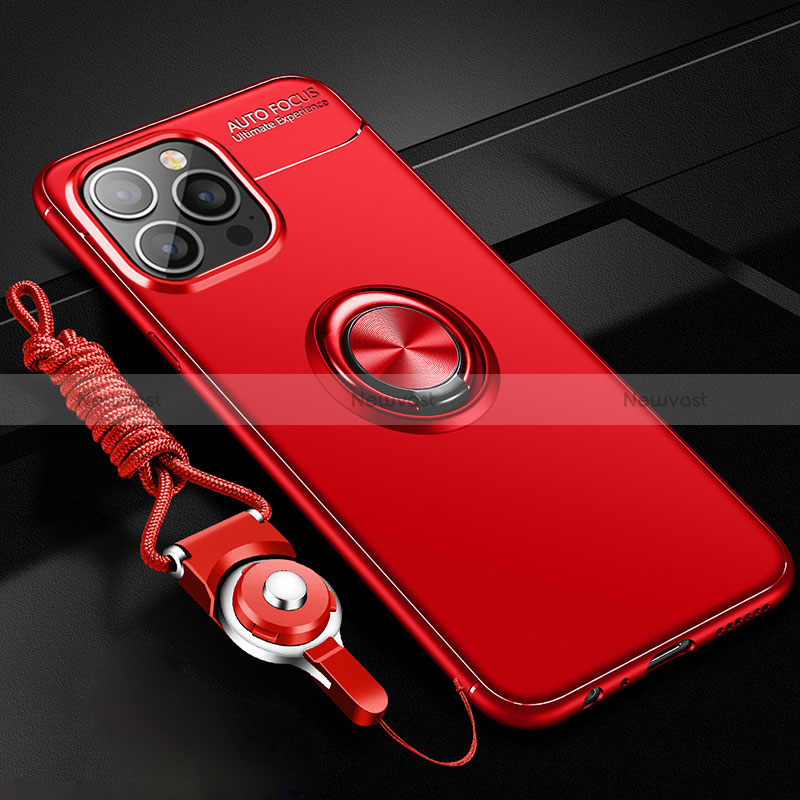 Ultra-thin Silicone Gel Soft Case Cover with Magnetic Finger Ring Stand for Apple iPhone 14 Pro Red