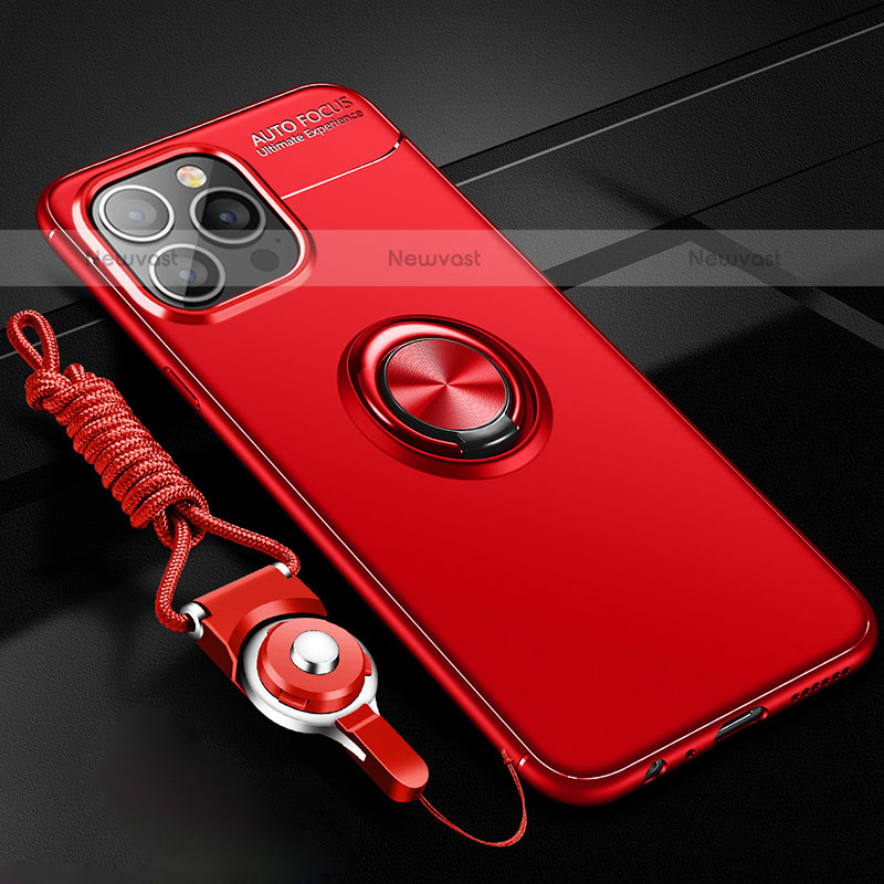 Ultra-thin Silicone Gel Soft Case Cover with Magnetic Finger Ring Stand for Apple iPhone 15 Pro Red