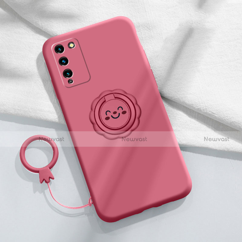 Ultra-thin Silicone Gel Soft Case Cover with Magnetic Finger Ring Stand for Huawei Honor 30 Lite 5G Red Wine