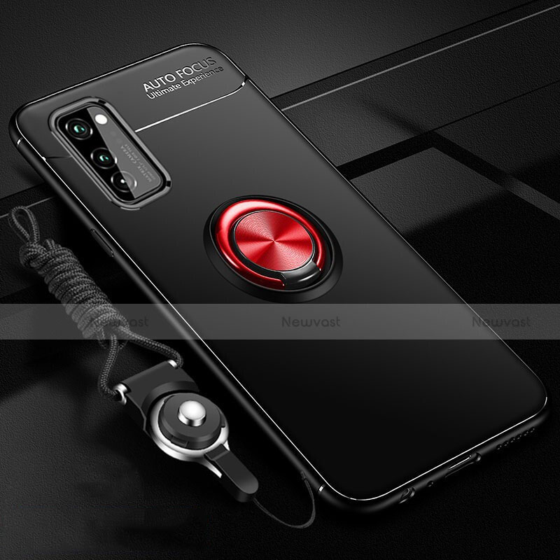 Ultra-thin Silicone Gel Soft Case Cover with Magnetic Finger Ring Stand for Huawei Honor V30 5G Red and Black