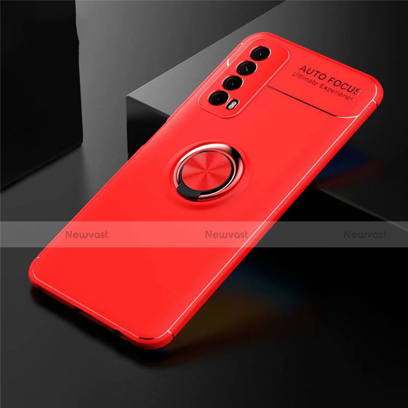 Ultra-thin Silicone Gel Soft Case Cover with Magnetic Finger Ring Stand for Huawei P Smart (2021) Red