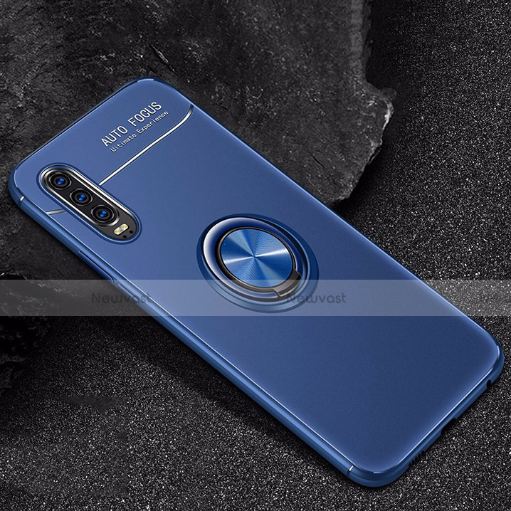 Ultra-thin Silicone Gel Soft Case Cover with Magnetic Finger Ring Stand for Huawei P30 Blue