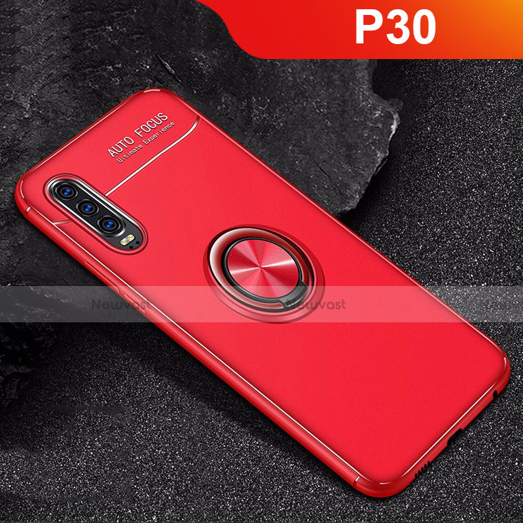 Ultra-thin Silicone Gel Soft Case Cover with Magnetic Finger Ring Stand for Huawei P30 Red