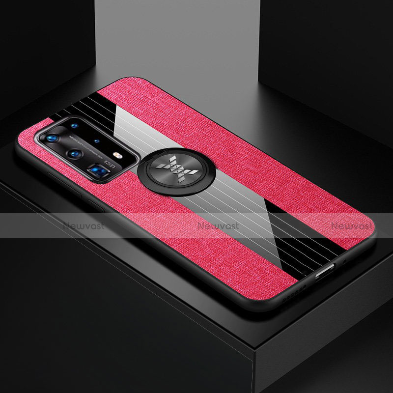 Ultra-thin Silicone Gel Soft Case Cover with Magnetic Finger Ring Stand for Huawei P40 Pro+ Plus Hot Pink