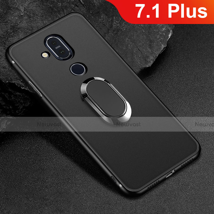 Ultra-thin Silicone Gel Soft Case Cover with Magnetic Finger Ring Stand for Nokia 7.1 Plus Black