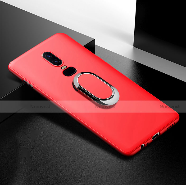 Ultra-thin Silicone Gel Soft Case Cover with Magnetic Finger Ring Stand for OnePlus 6T Red