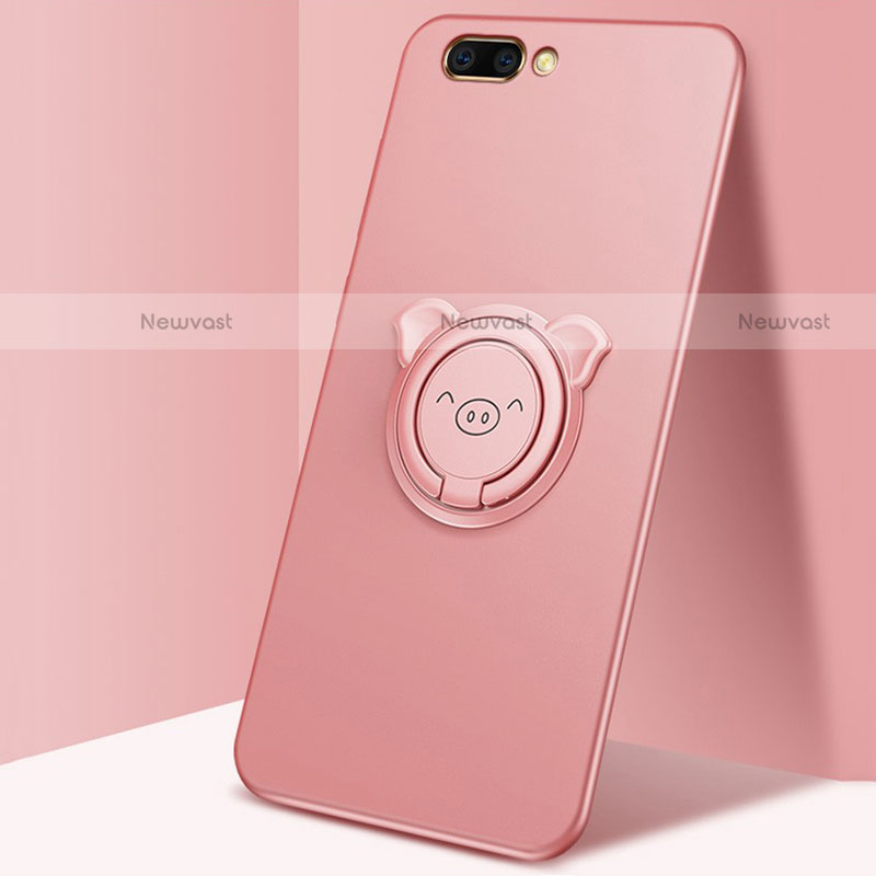 Ultra-thin Silicone Gel Soft Case Cover with Magnetic Finger Ring Stand for Oppo A5 Rose Gold